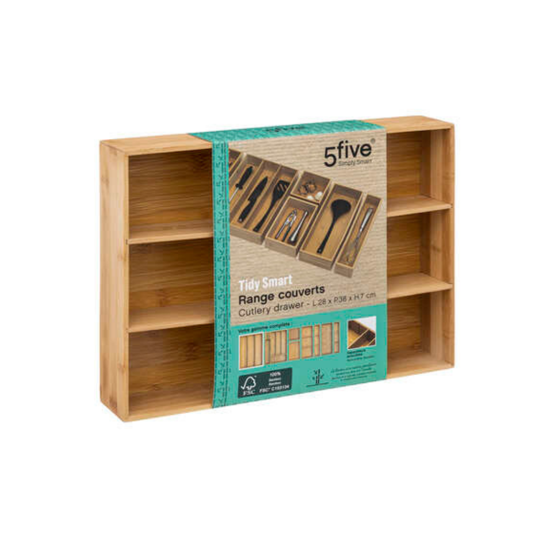 Range-ustensiles En Bambou 3 Compartiments - Dimensions 28 X 38 X 7 Cm, Séparateurs Amovibles, Couleur Beige - 7