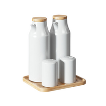 Charger l'image dans la visionneuse de la galerie, Ensemble huile/vinaigre 2 bouteilles en céramique - sel et poivre avec plateau bambou