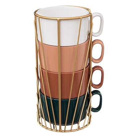 Ensemble de 4 mugs 25 cL en grès avec rack en or