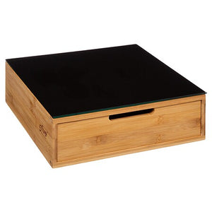 Tiroir range capsules et support à cafétière - plaque en verre noir et bambou - 30 x 30 cm