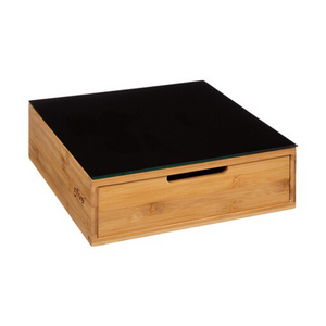 Tiroir range capsules et support à cafétière - plaque en verre noir et bambou - 30 x 30 cm