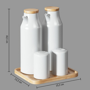 Ensemble huile/vinaigre 2 bouteilles en céramique - sel et poivre avec plateau bambou